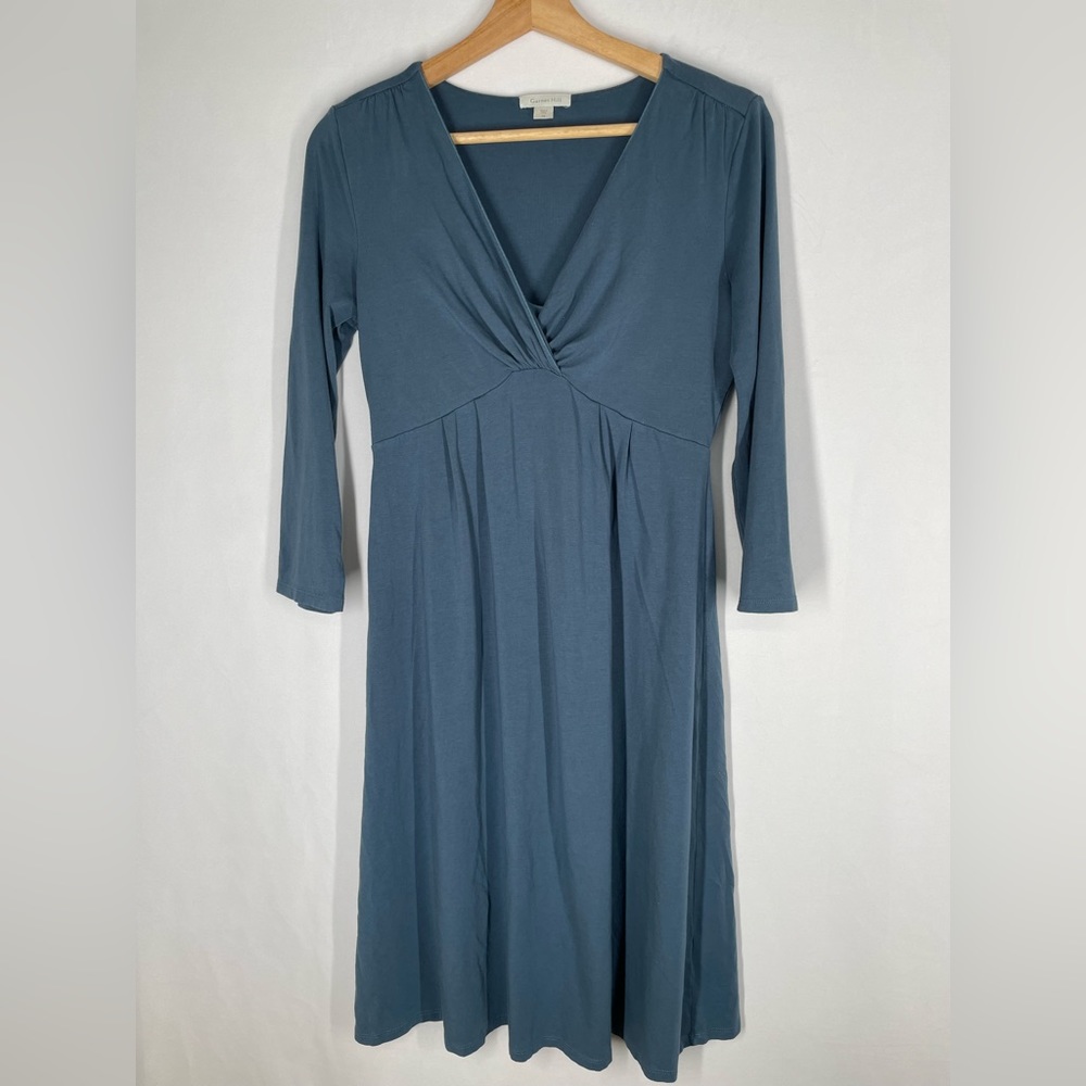 Garnet Hill Women's dress XS stretch knit jersey blue sir place 3/4 sleeve midi
